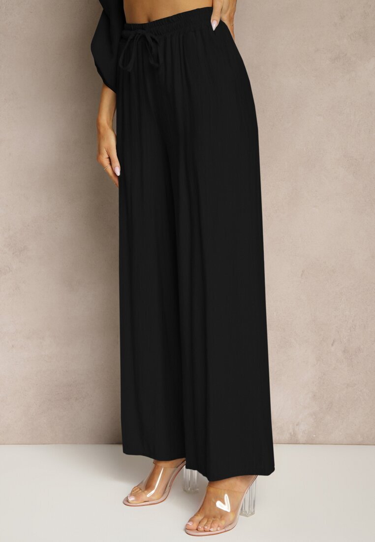 jumelle Compleu Negru din Viscoză Stil Oversize Pantaloni Largi și Cămașă Largă cu Nasturi Natinne