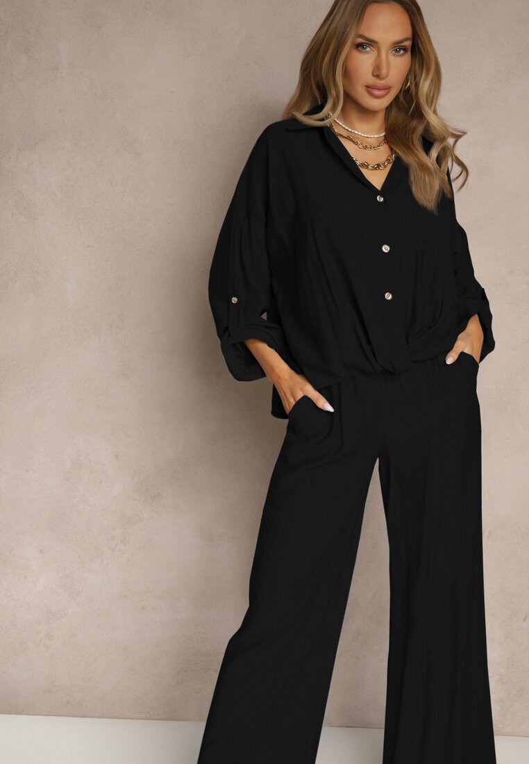 jumelle Compleu Negru din Viscoză Stil Oversize Pantaloni Largi și Cămașă Largă cu Nasturi Natinne
