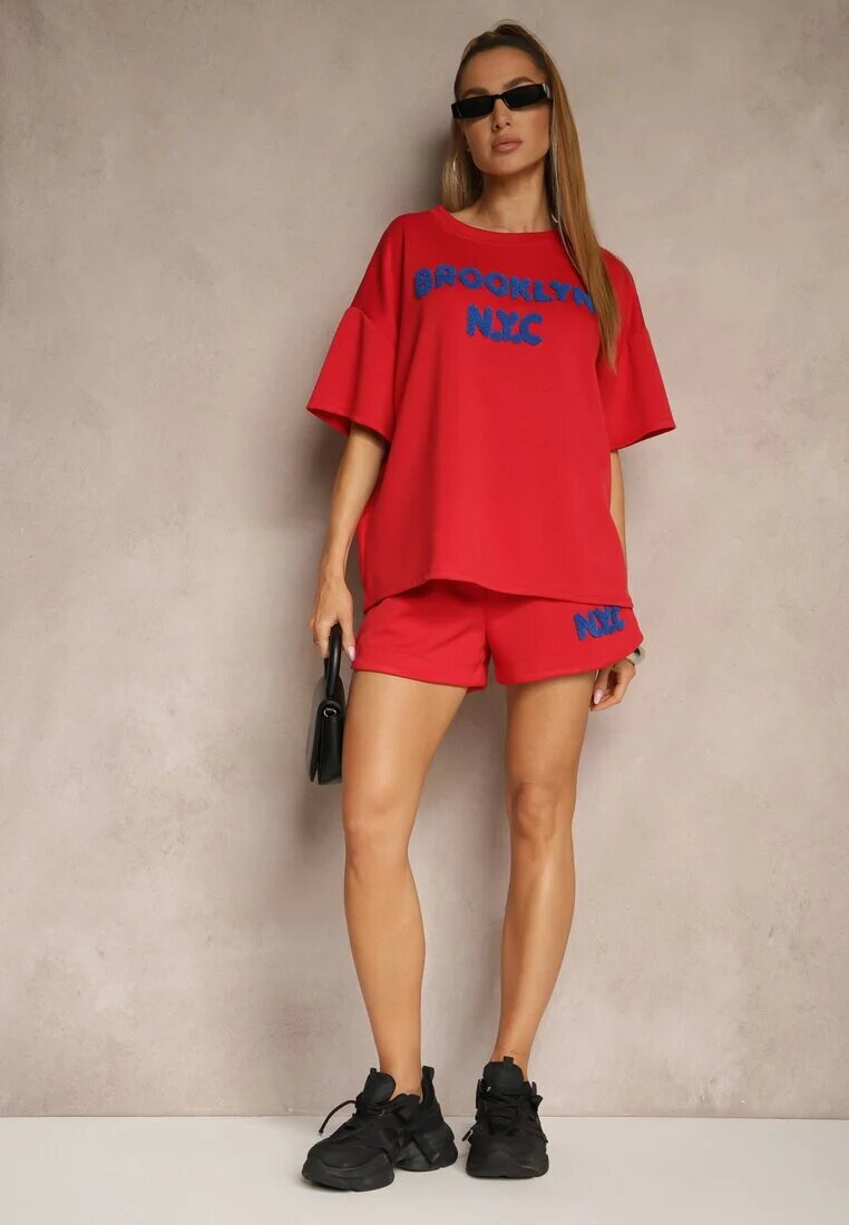 jumelle Compleu Roșu din Viscoză Croi Oversize Tricou și Pantaloni scurți Lirafina