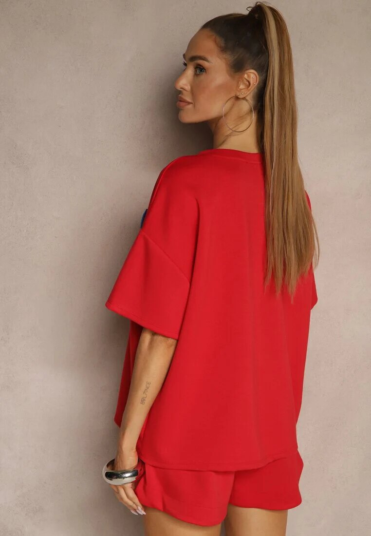 jumelle Compleu Roșu din Viscoză Croi Oversize Tricou și Pantaloni scurți Lirafina