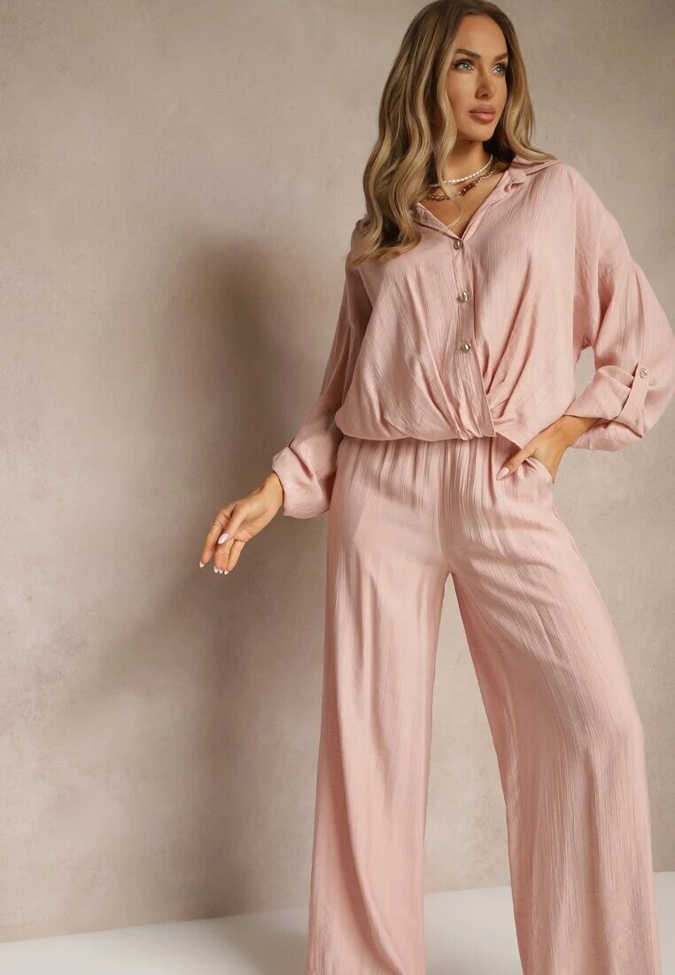 jumelle Compleu Roz din Viscoză Stil Oversize Pantaloni Largi și Cămașă Lejeră cu Nasturi Natinne