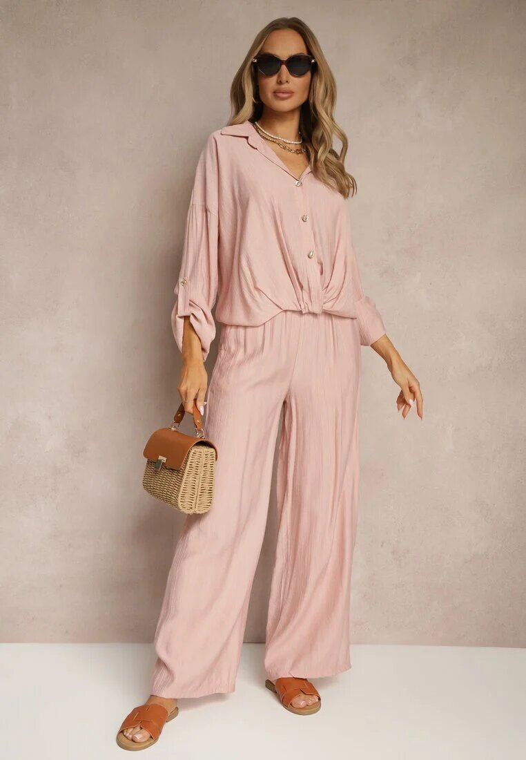 jumelle Compleu Roz din Viscoză Stil Oversize Pantaloni Largi și Cămașă Lejeră cu Nasturi Natinne
