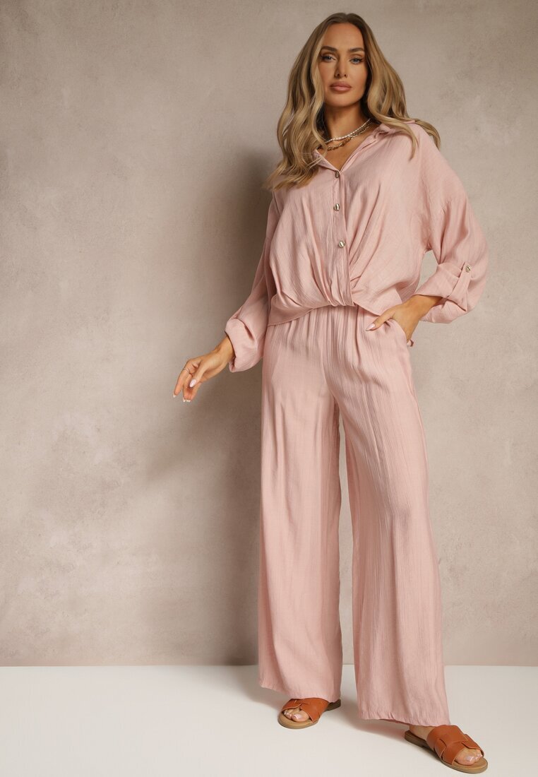 jumelle Compleu Roz din Viscoză Stil Oversize Pantaloni Largi și Cămașă Lejeră cu Nasturi Natinne