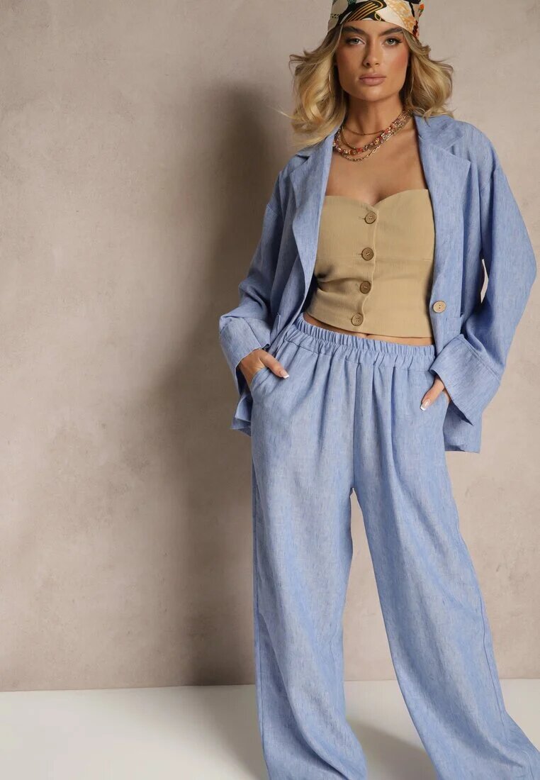 jumelle Costum Albastru Sacou cu Buzunare și Pantaloni Largi Tasvanis