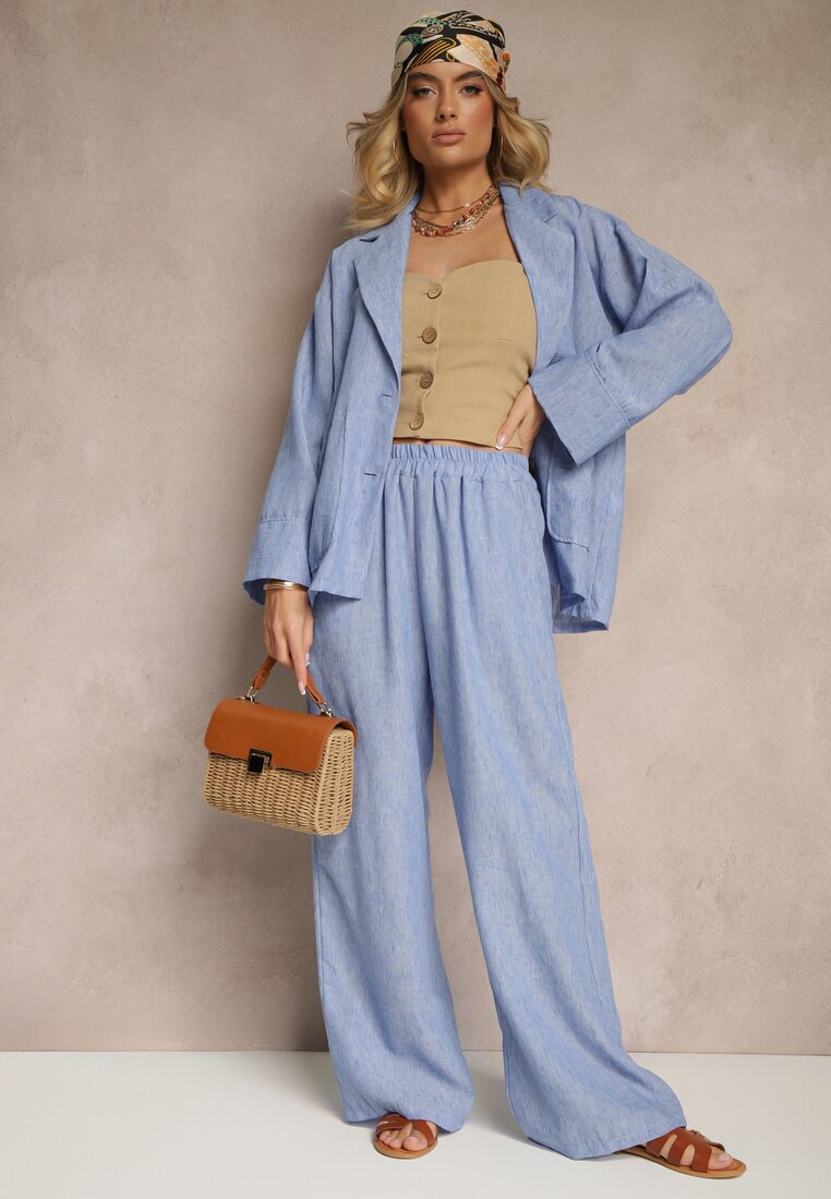 jumelle Costum Albastru Sacou cu Buzunare și Pantaloni Largi Tasvanis