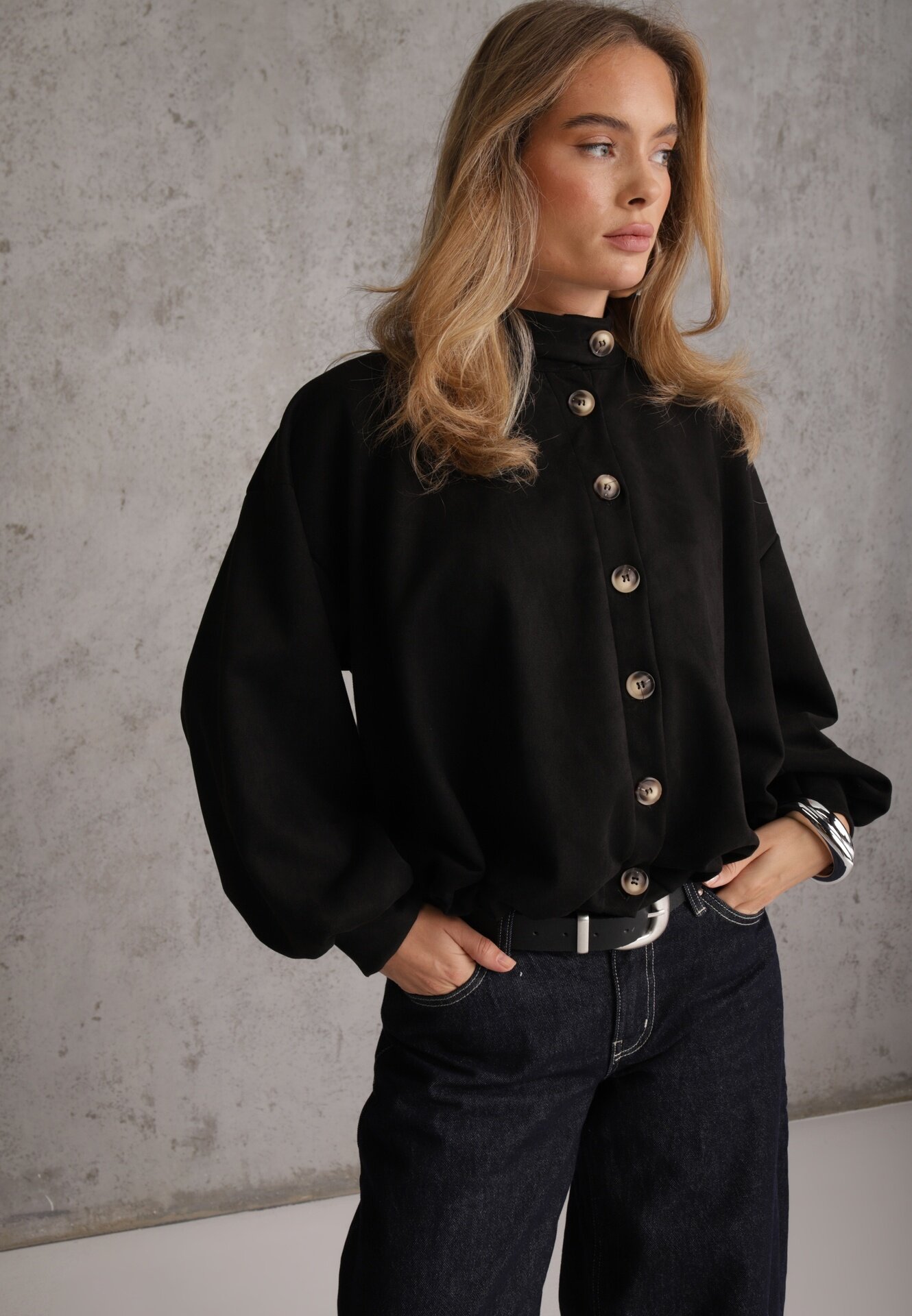 jumelle Geacă de tranziție în stil preppy fason geci bomber cu nasturi Zirafena Neagră