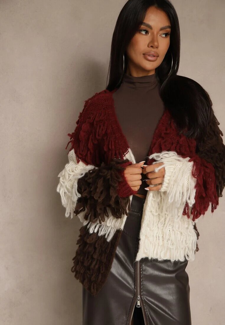 jumelle Kardigan Bordeaux Fără închideri cu amestec de lână Decorat cu imitație de pene Lanitia