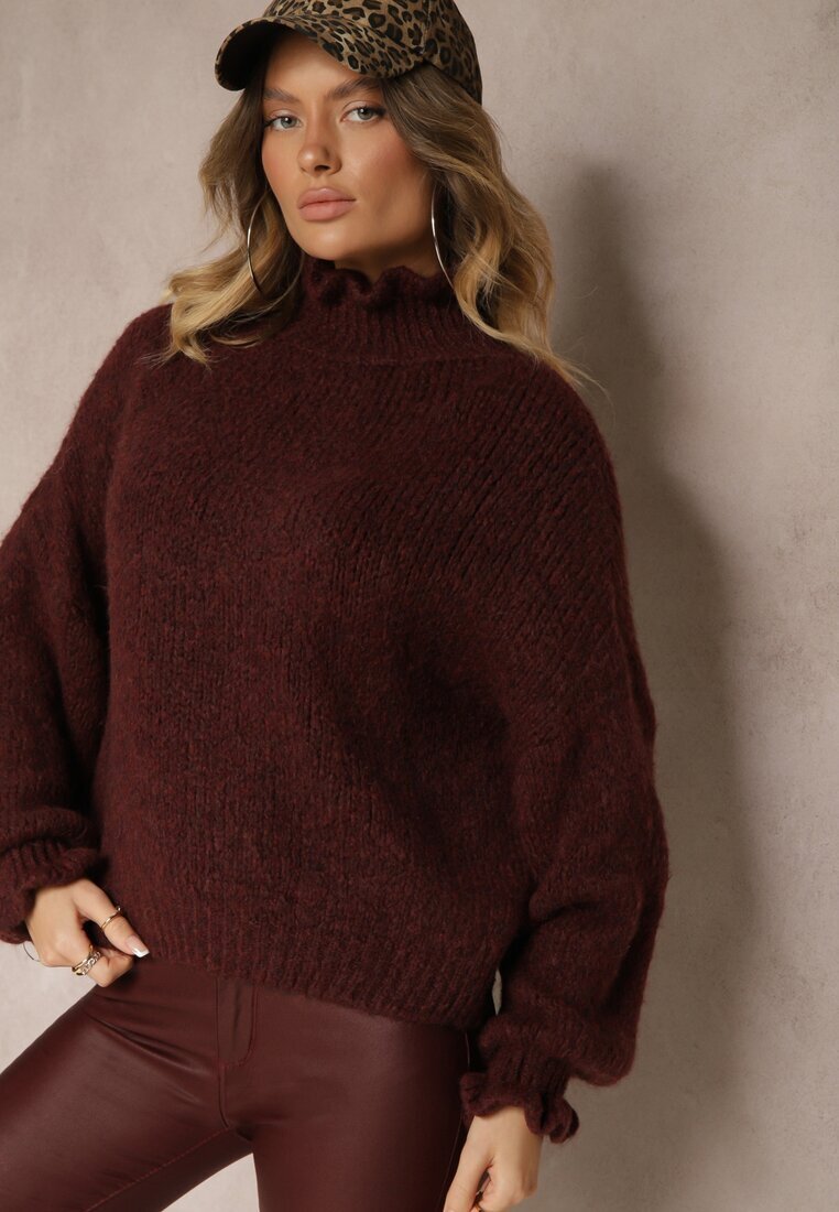 jumelle Maletă Bordo cu Lână și Viscoză Oversize Decorată la Decolteu cu Volănaș Ninnatria