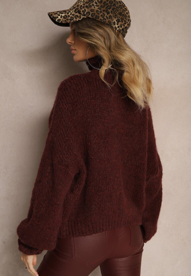 jumelle Maletă Bordo cu Lână și Viscoză Oversize Decorată la Decolteu cu Volănaș Ninnatria