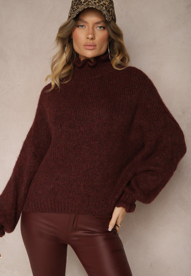 jumelle Maletă Bordo cu Lână și Viscoză Oversize Decorată la Decolteu cu Volănaș Ninnatria