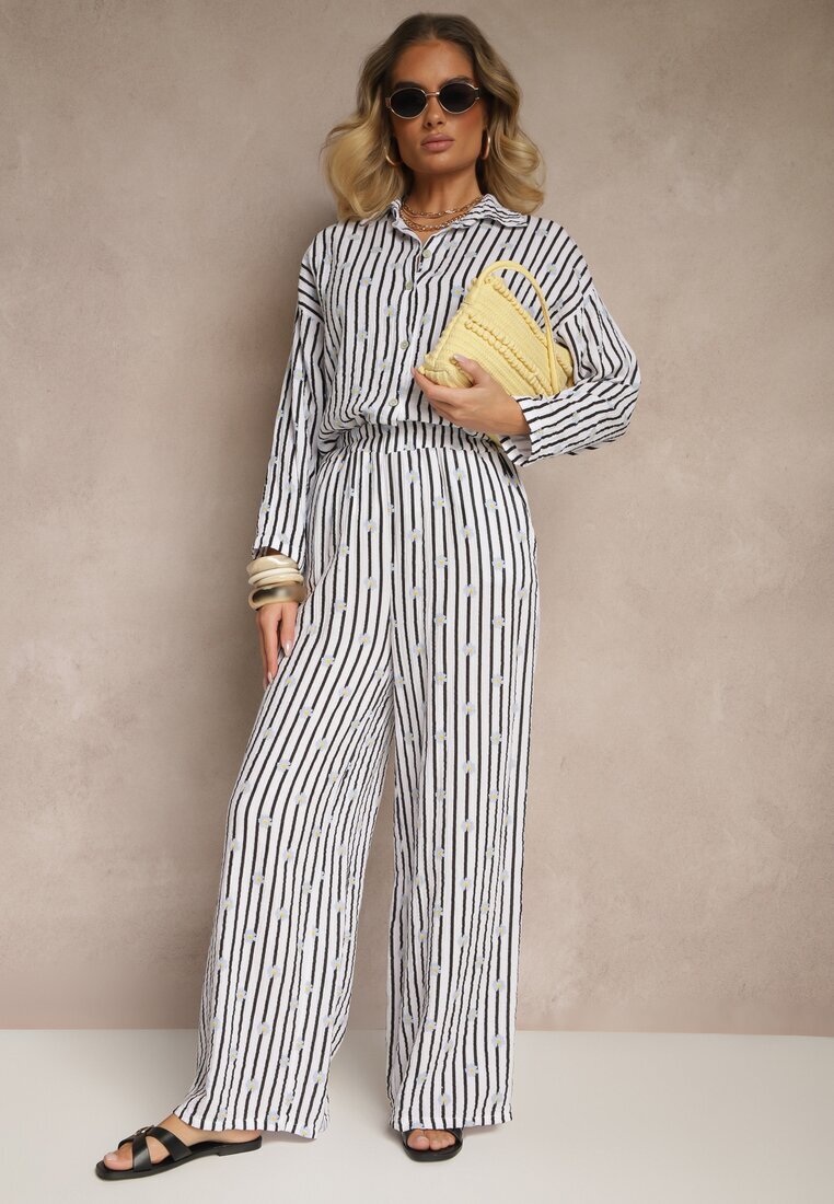 jumelle Pantaloni Alb-Negru Largi High Waist din Bumbac cu Elastic în Talie Ranivaria