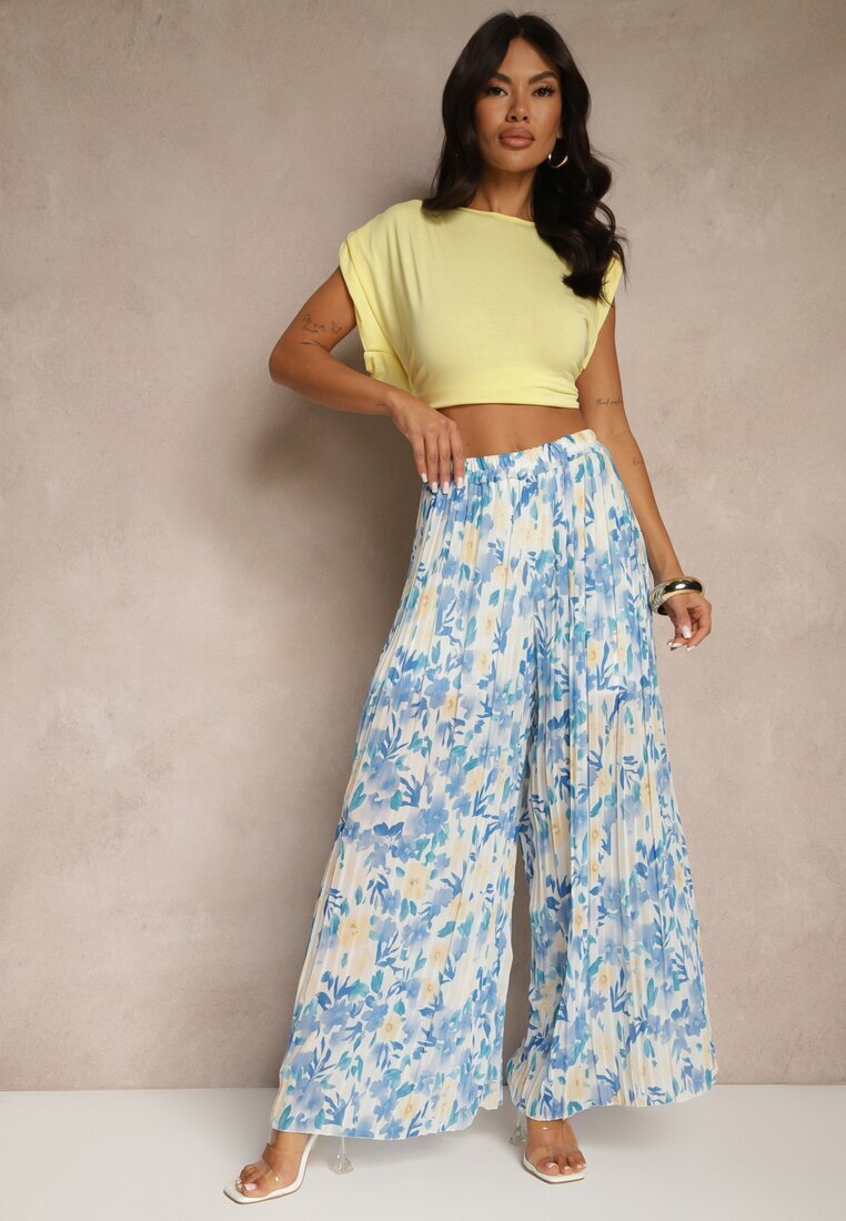 jumelle Pantaloni Albastri cu Talie înaltă decorați cu pliuri și imprimeu floral Folamea