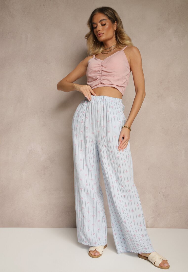 jumelle Pantaloni albaștri din bumbac largi High Waist cu dungi și funde Reivira