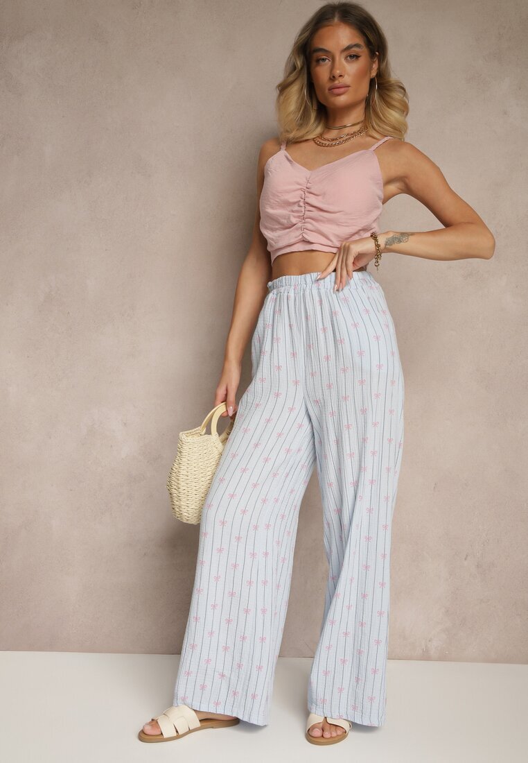 jumelle Pantaloni albaștri din bumbac largi High Waist cu dungi și funde Reivira