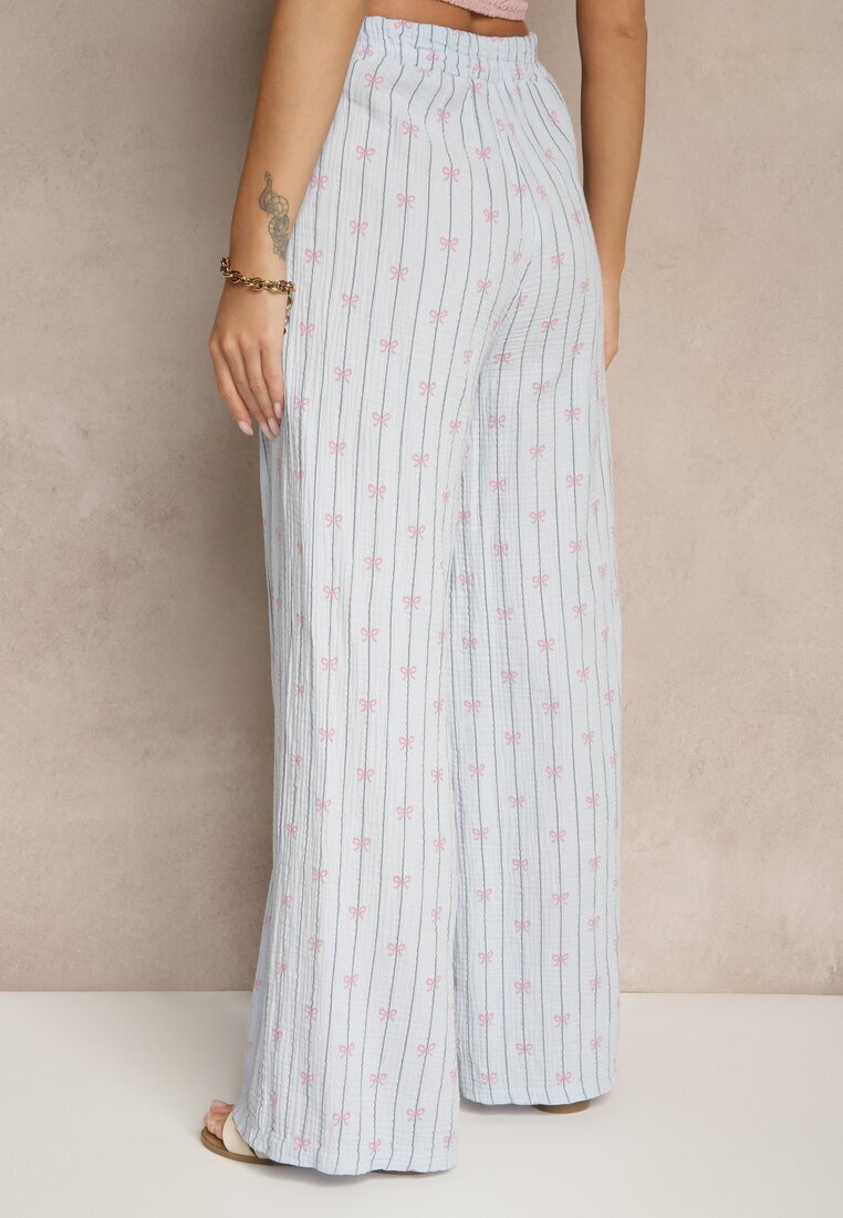 jumelle Pantaloni albaștri din bumbac largi High Waist cu dungi și funde Reivira