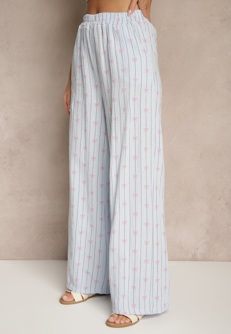 jumelle Pantaloni albaștri din bumbac largi High Waist cu dungi și funde Reivira