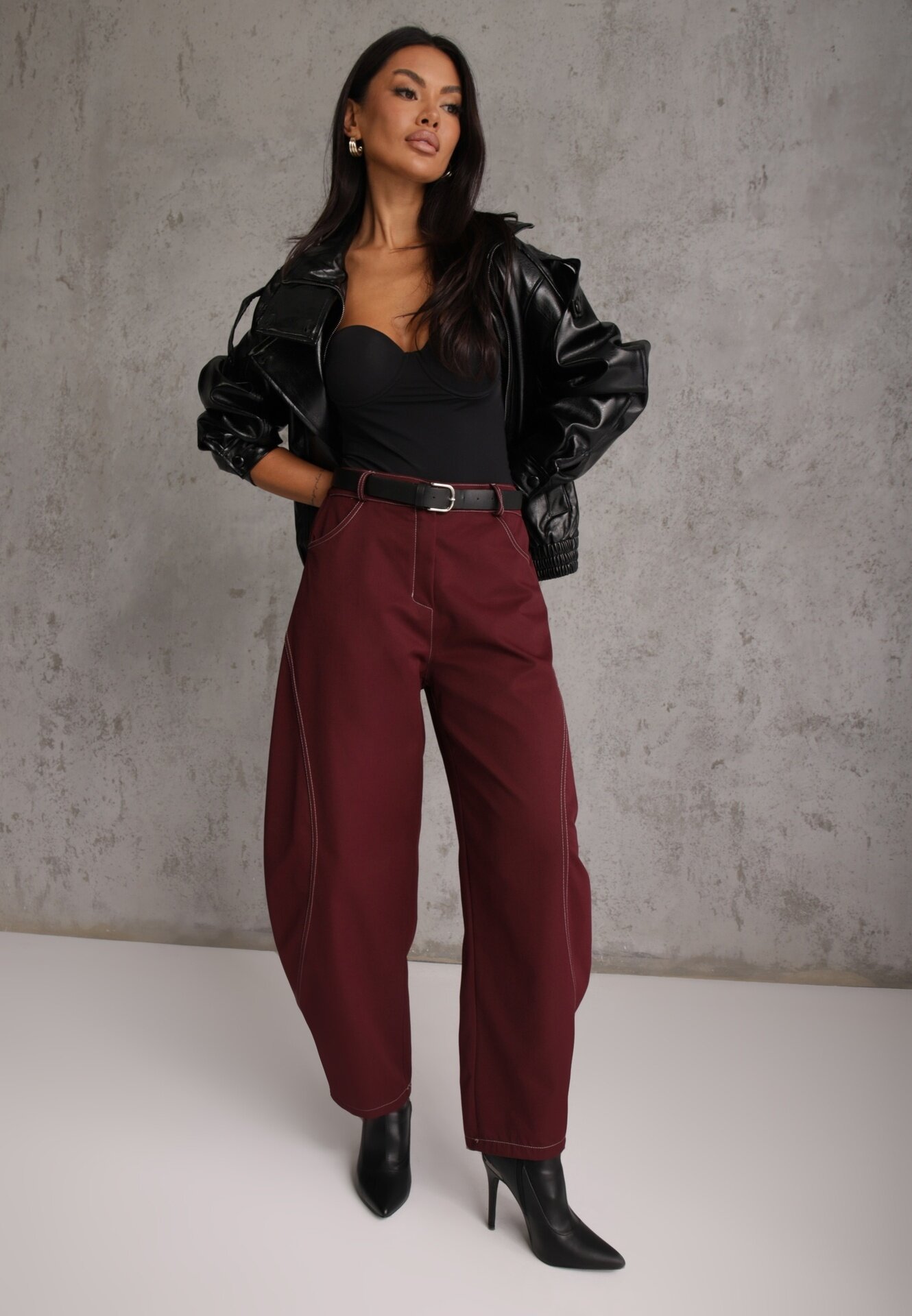 jumelle Pantaloni Casual Balloon cu cusături cu ață contrastantă Sariaho Bordo
