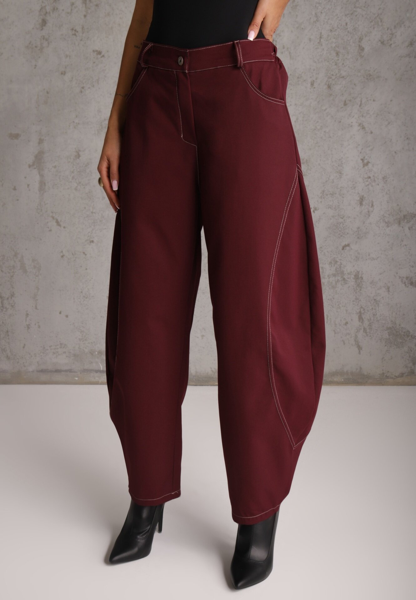 jumelle Pantaloni Casual Balloon cu cusături cu ață contrastantă Sariaho Bordo