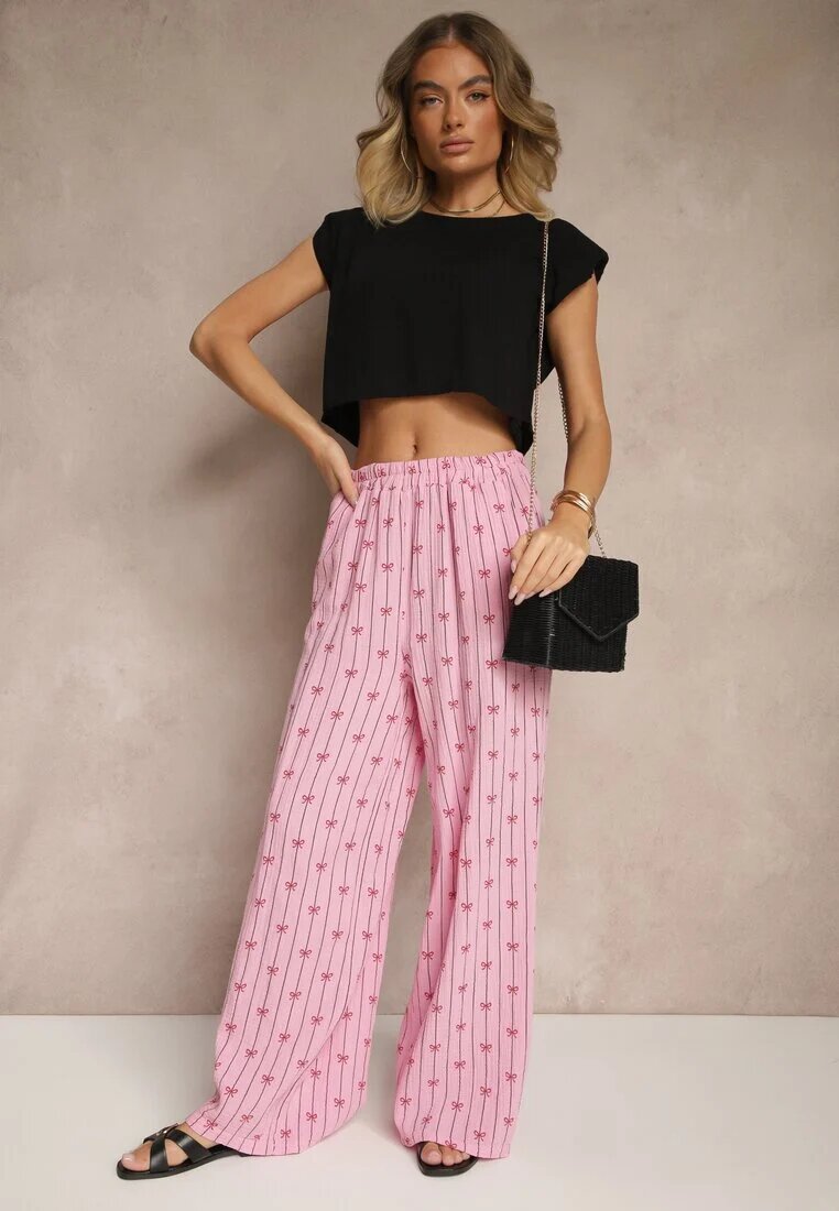 jumelle Pantaloni Fucsia de Bumbac Larghi Talie înaltă cu Dungi și Funde Reivira