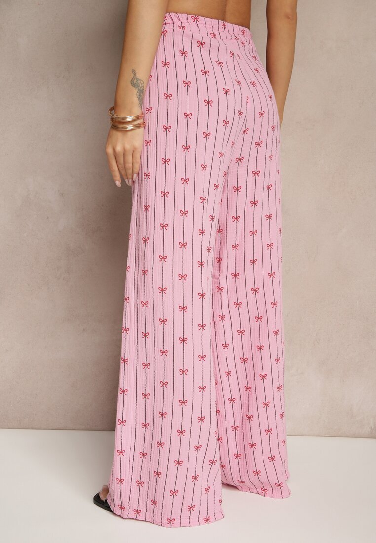 jumelle Pantaloni Fucsia de Bumbac Larghi Talie înaltă cu Dungi și Funde Reivira