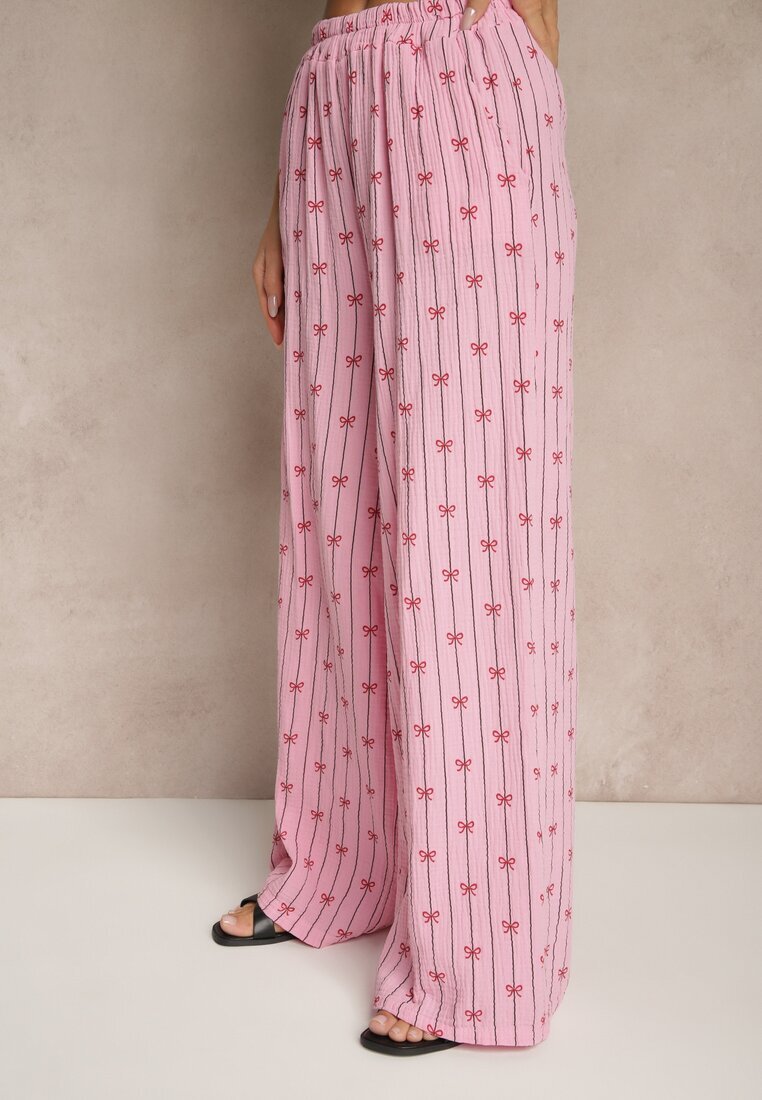 jumelle Pantaloni Fucsia de Bumbac Larghi Talie înaltă cu Dungi și Funde Reivira