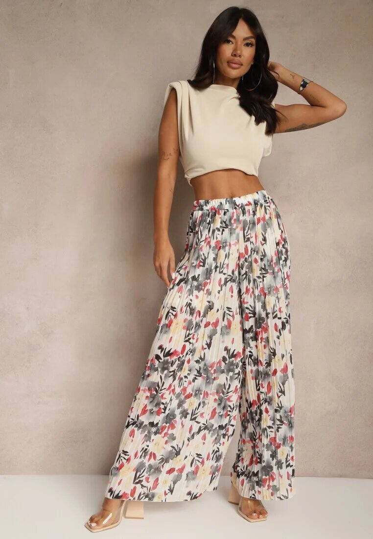jumelle Pantaloni Negri-Roșii High Waist Decorați cu Pliuri și cu Imprimeu Floral Folamea