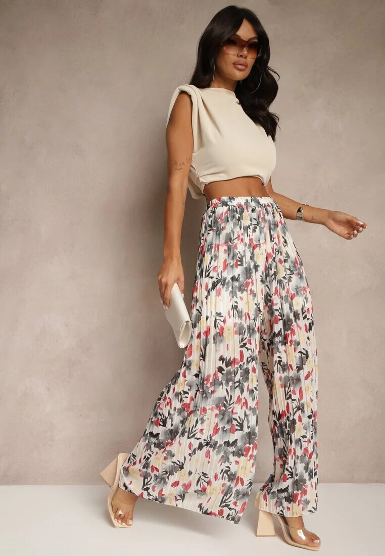 jumelle Pantaloni Negri-Roșii High Waist Decorați cu Pliuri și cu Imprimeu Floral Folamea