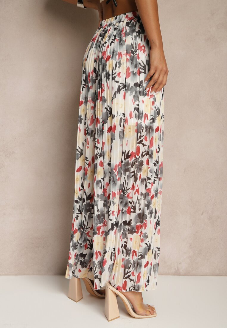jumelle Pantaloni Negri-Roșii High Waist Decorați cu Pliuri și cu Imprimeu Floral Folamea