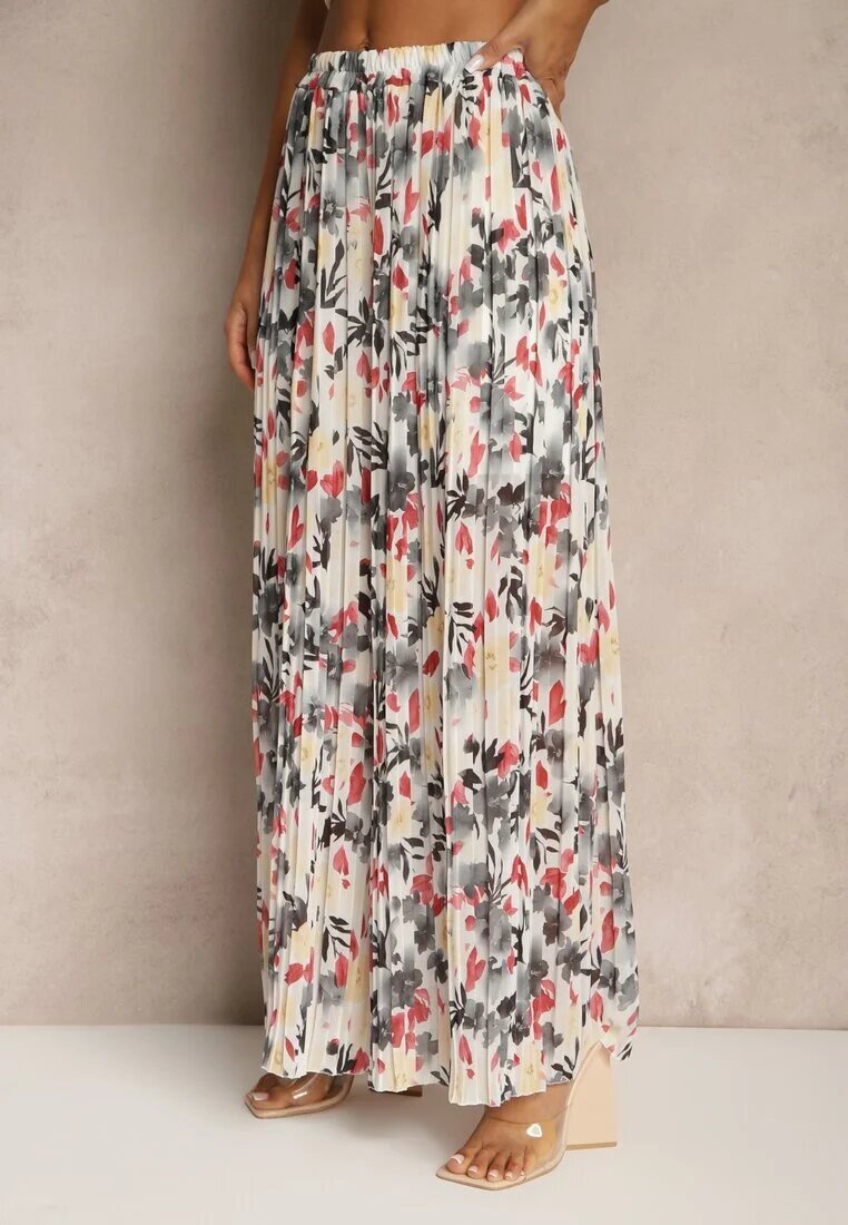 jumelle Pantaloni Negri-Roșii High Waist Decorați cu Pliuri și cu Imprimeu Floral Folamea
