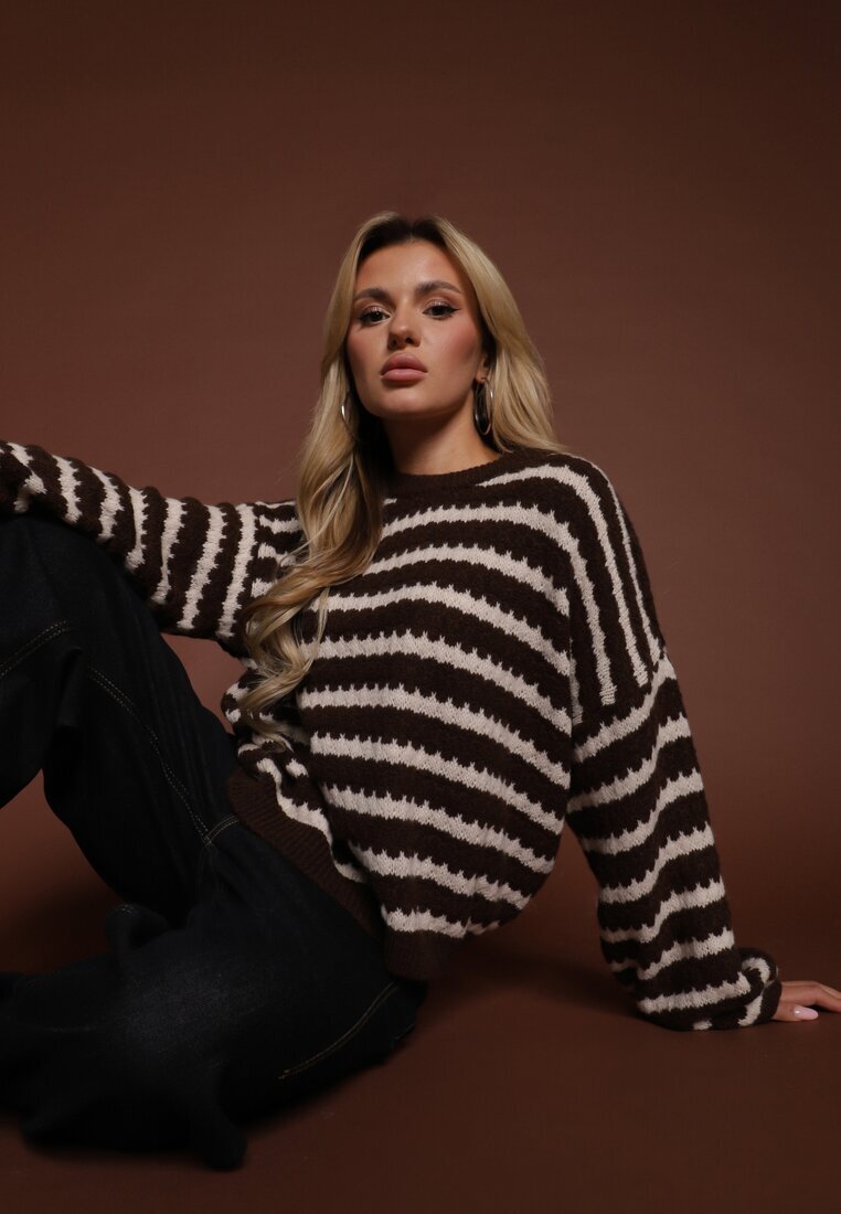 jumelle Pulover Maro închis Oversizowy în dungi din tricot cu lână și viscoză Aventole