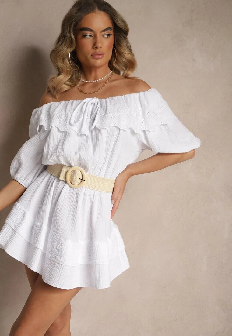 jumelle Rochie albă din bumbac decorată cu volan ajurat Ranisse