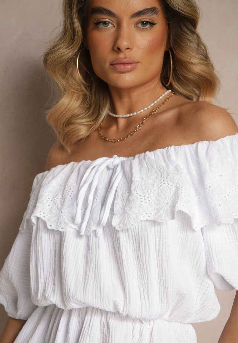 jumelle Rochie albă din bumbac decorată cu volan ajurat Ranisse
