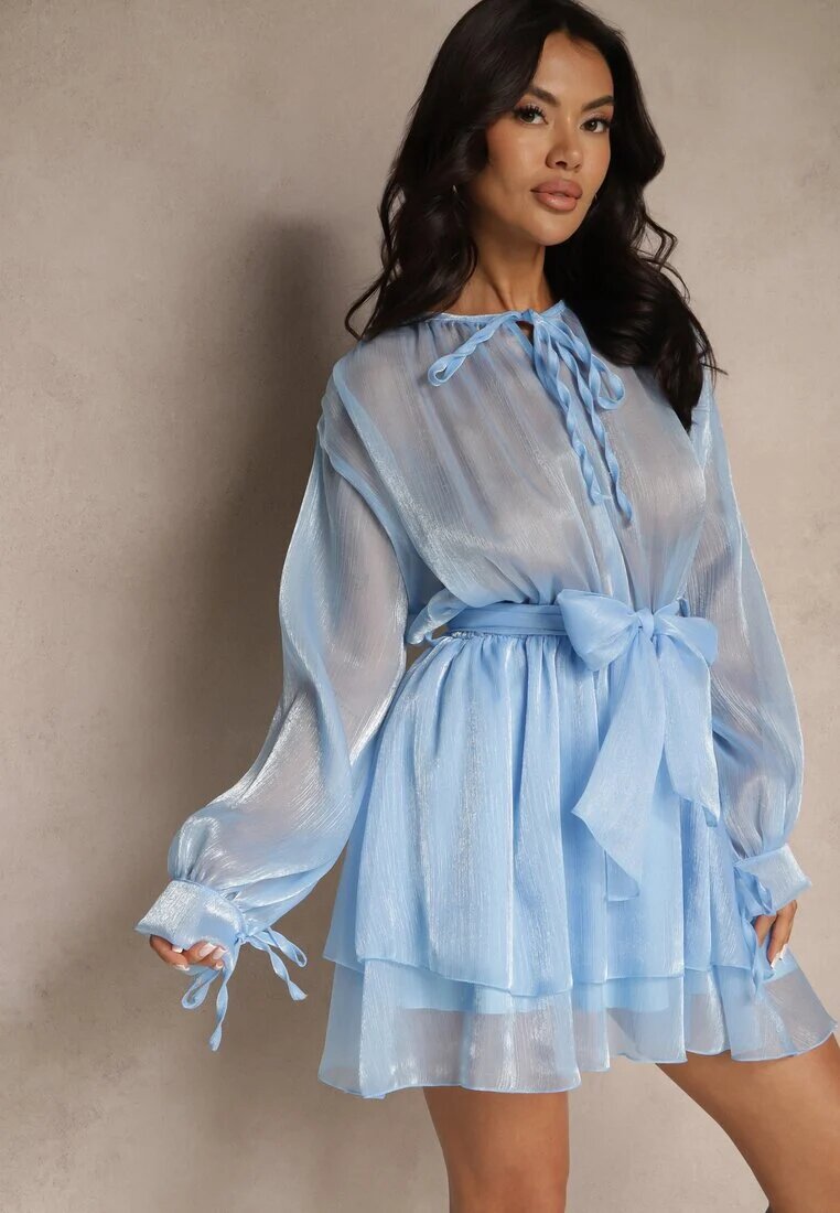 jumelle Rochie Evazată Albastră cu Curea și Legătură Savare