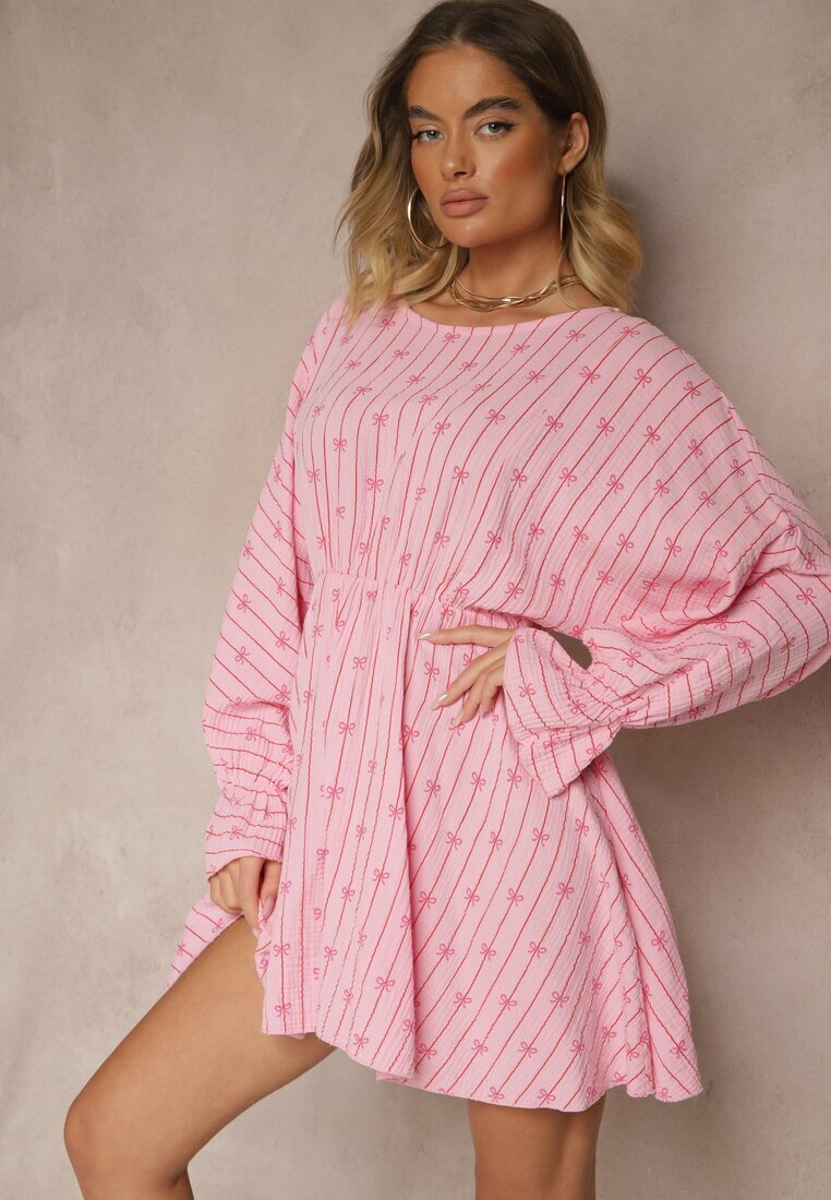 jumelle Rochie Fucsia din Bumbac cu Model de Fundițe și Dungi Avelriti
