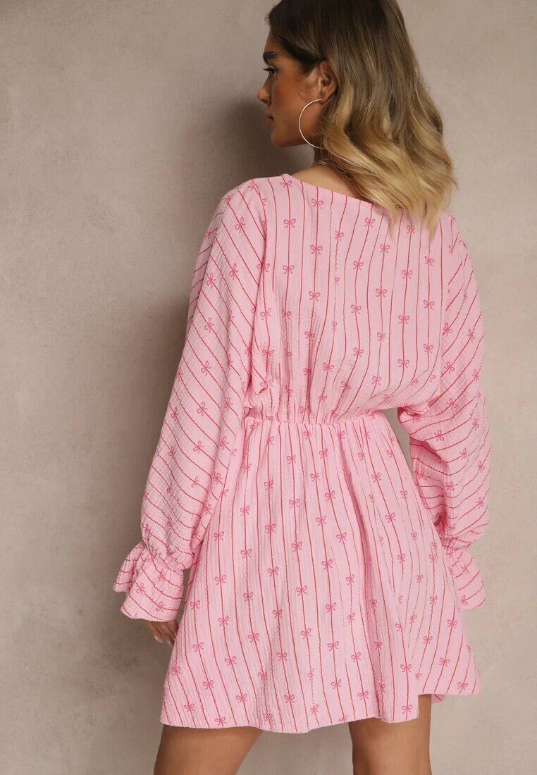 jumelle Rochie Fucsia din Bumbac cu Model de Fundițe și Dungi Avelriti
