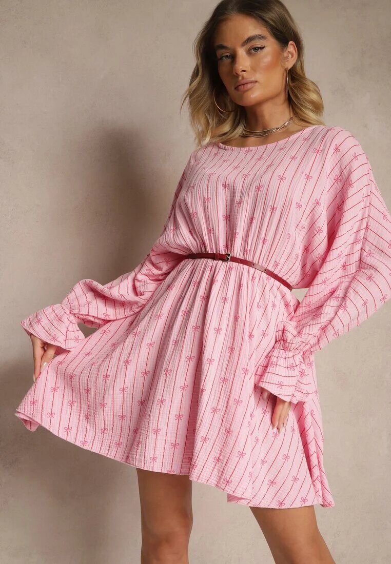 jumelle Rochie Fucsia din Bumbac cu Model de Fundițe și Dungi Avelriti