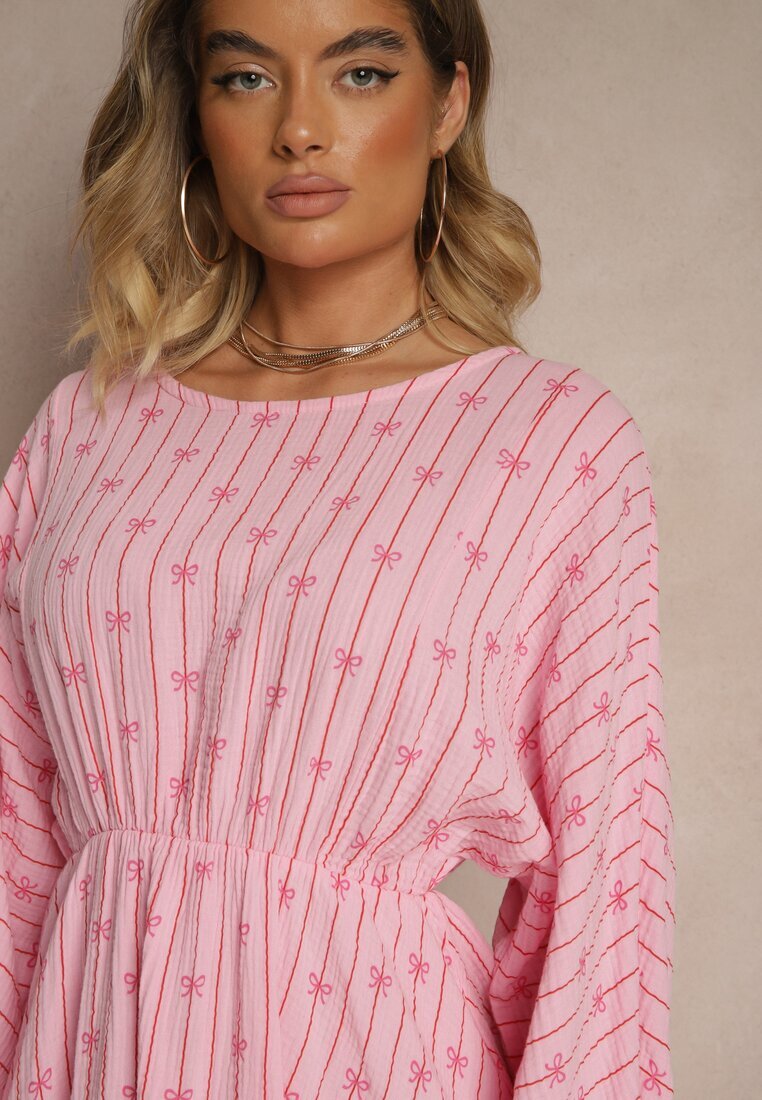 jumelle Rochie Fucsia din Bumbac cu Model de Fundițe și Dungi Avelriti
