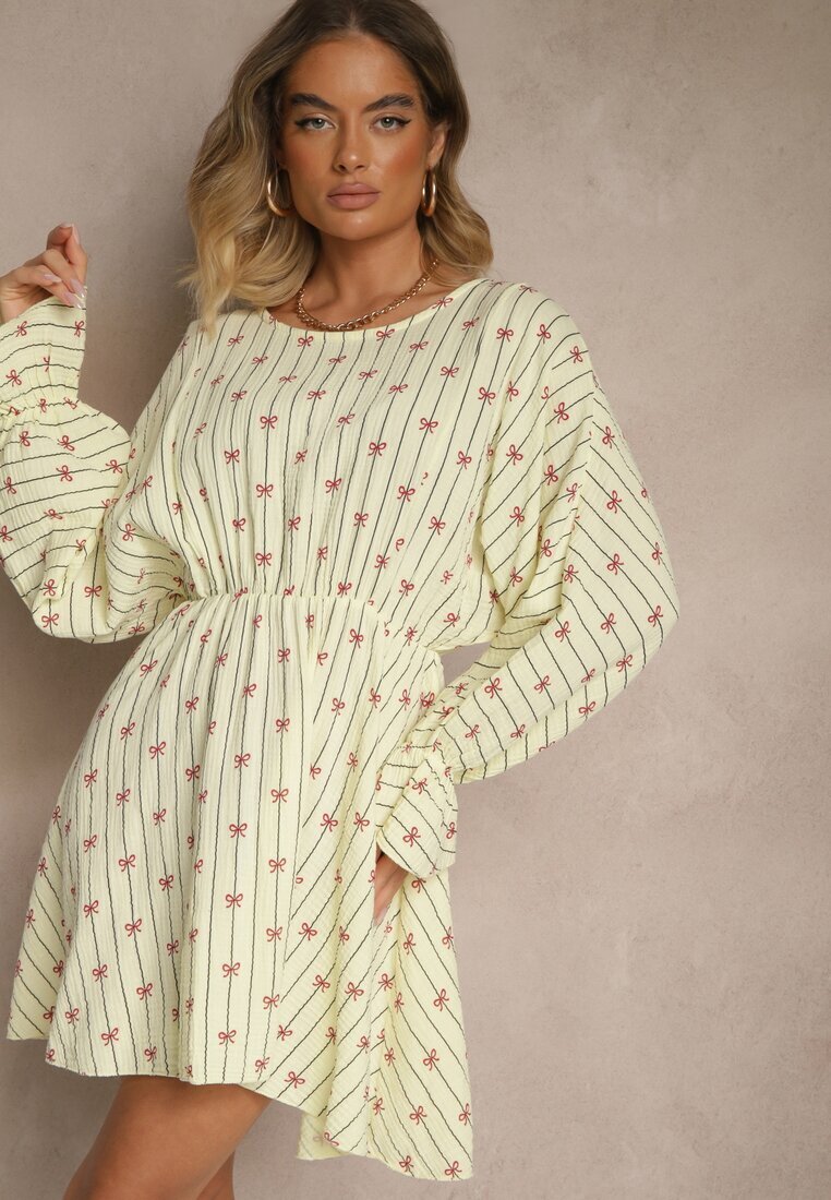 jumelle Rochie Galbenă din Bumbac cu Model de Fundițe și Dungi Avelriti