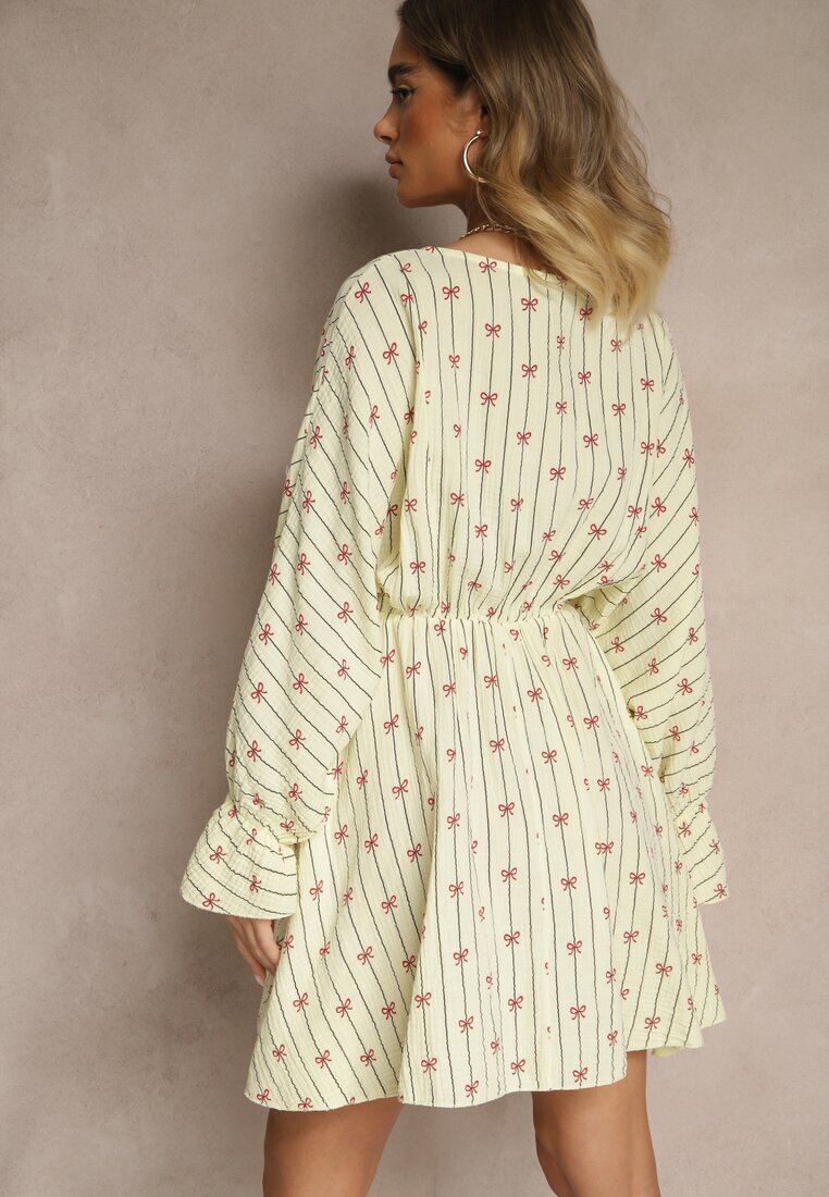 jumelle Rochie Galbenă din Bumbac cu Model de Fundițe și Dungi Avelriti
