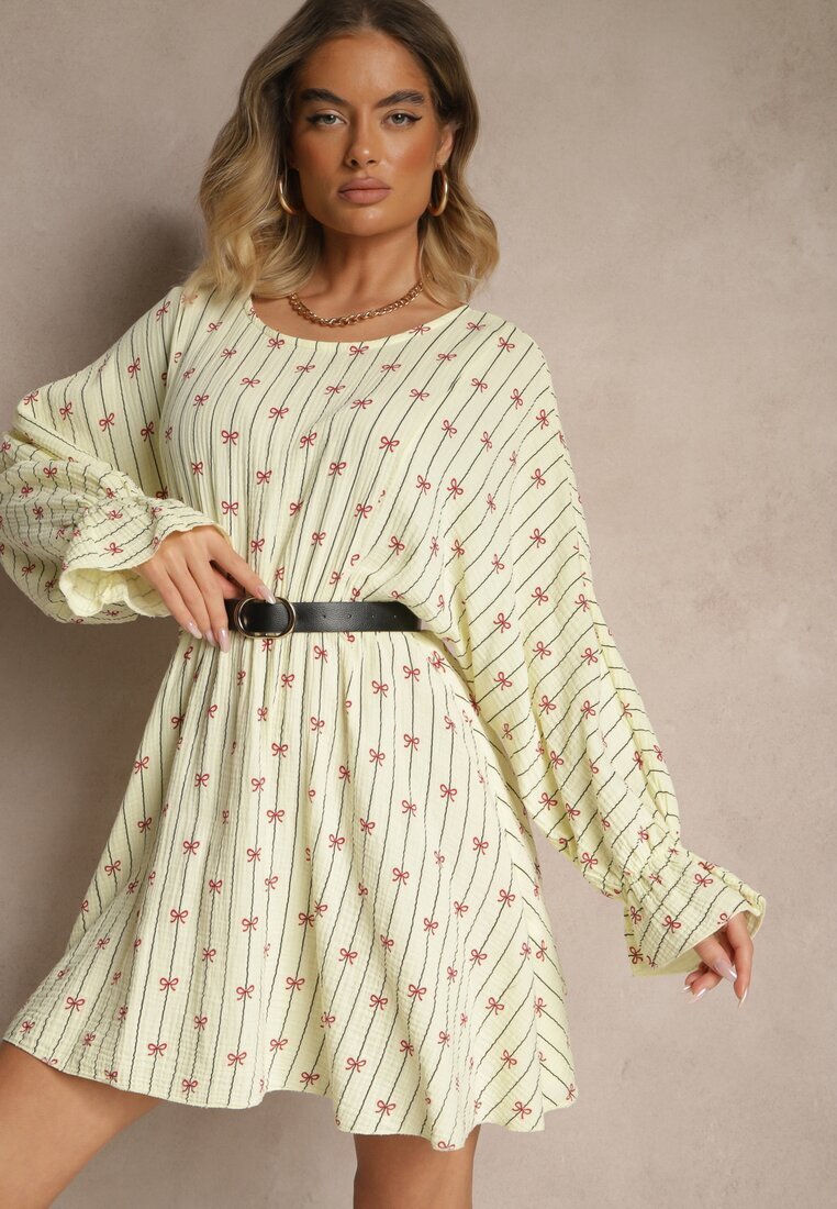 jumelle Rochie Galbenă din Bumbac cu Model de Fundițe și Dungi Avelriti