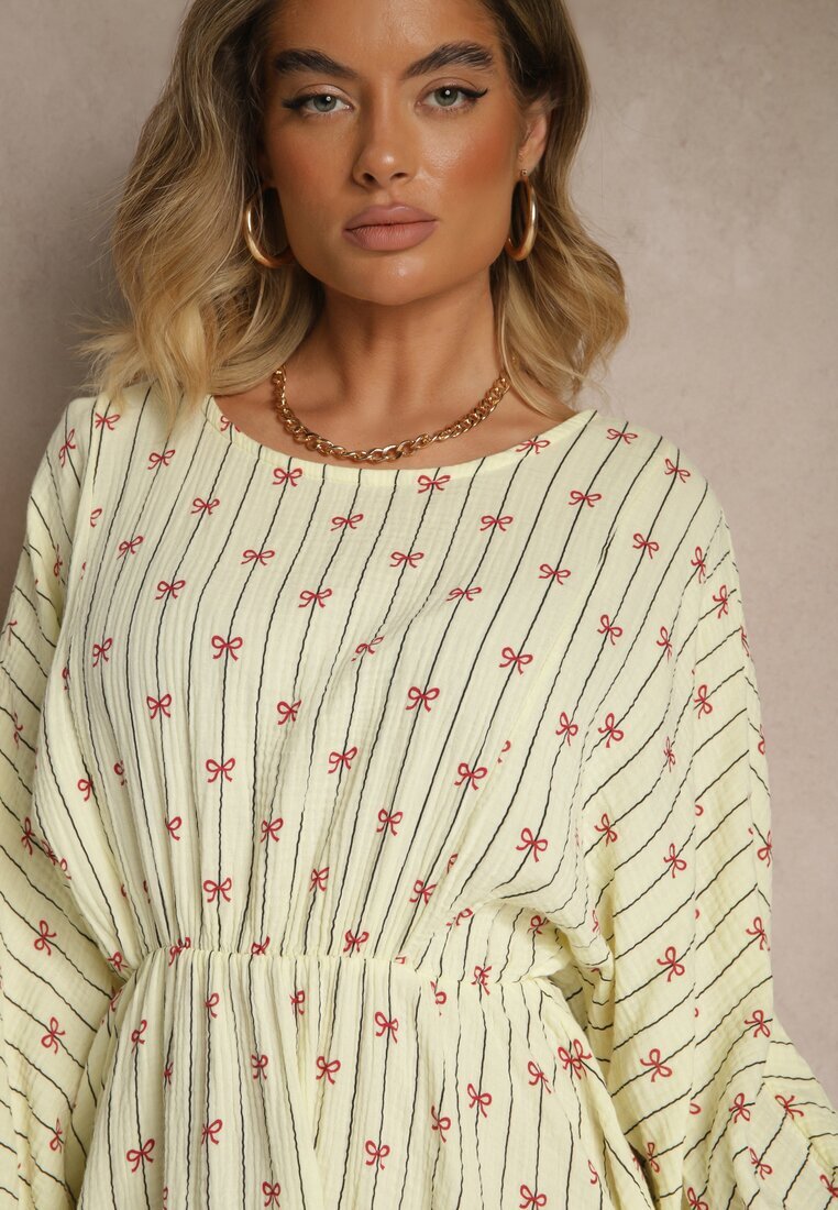 jumelle Rochie Galbenă din Bumbac cu Model de Fundițe și Dungi Avelriti