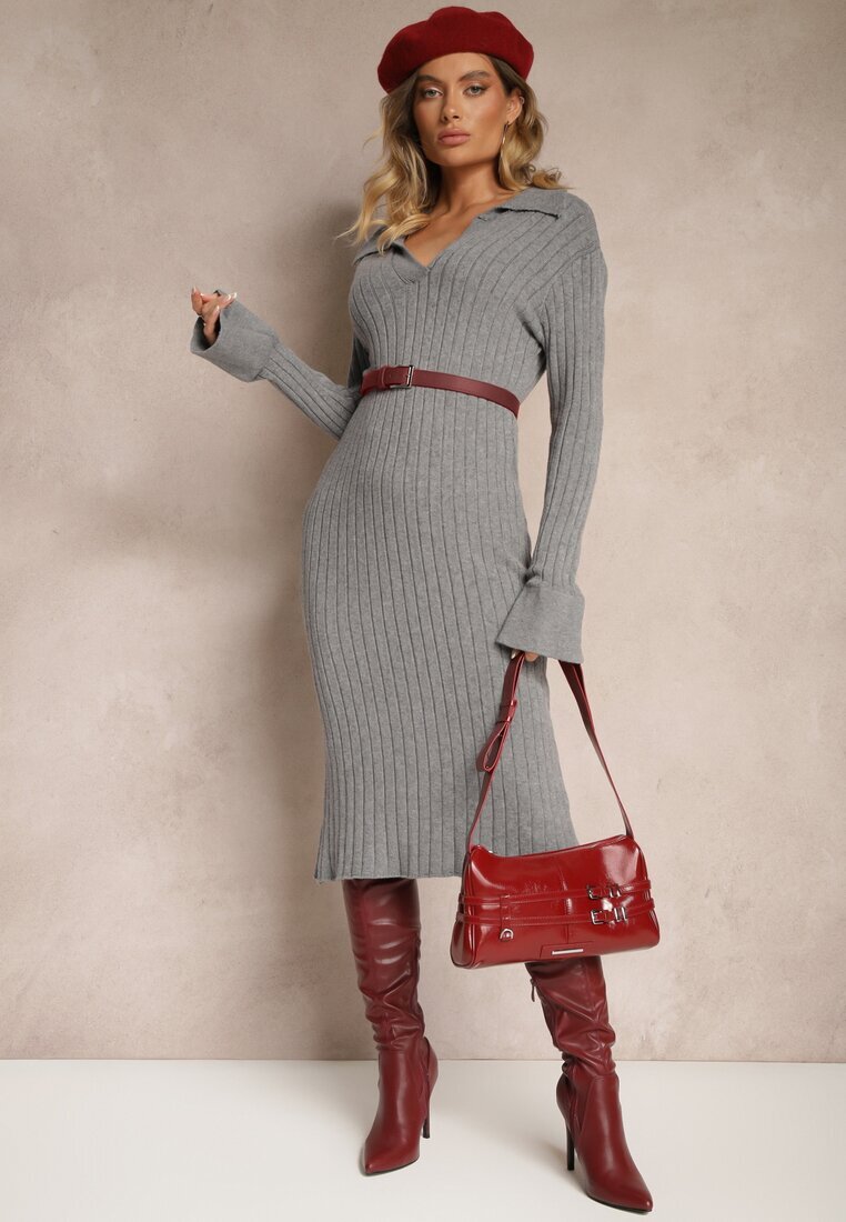 jumelle Rochie Gri Mulată din Tricot Reiat cu Viscoză cu Guler Salivira