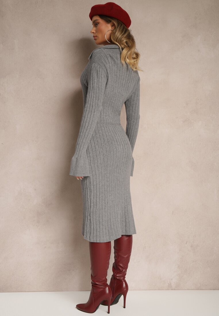 jumelle Rochie Gri Mulată din Tricot Reiat cu Viscoză cu Guler Salivira
