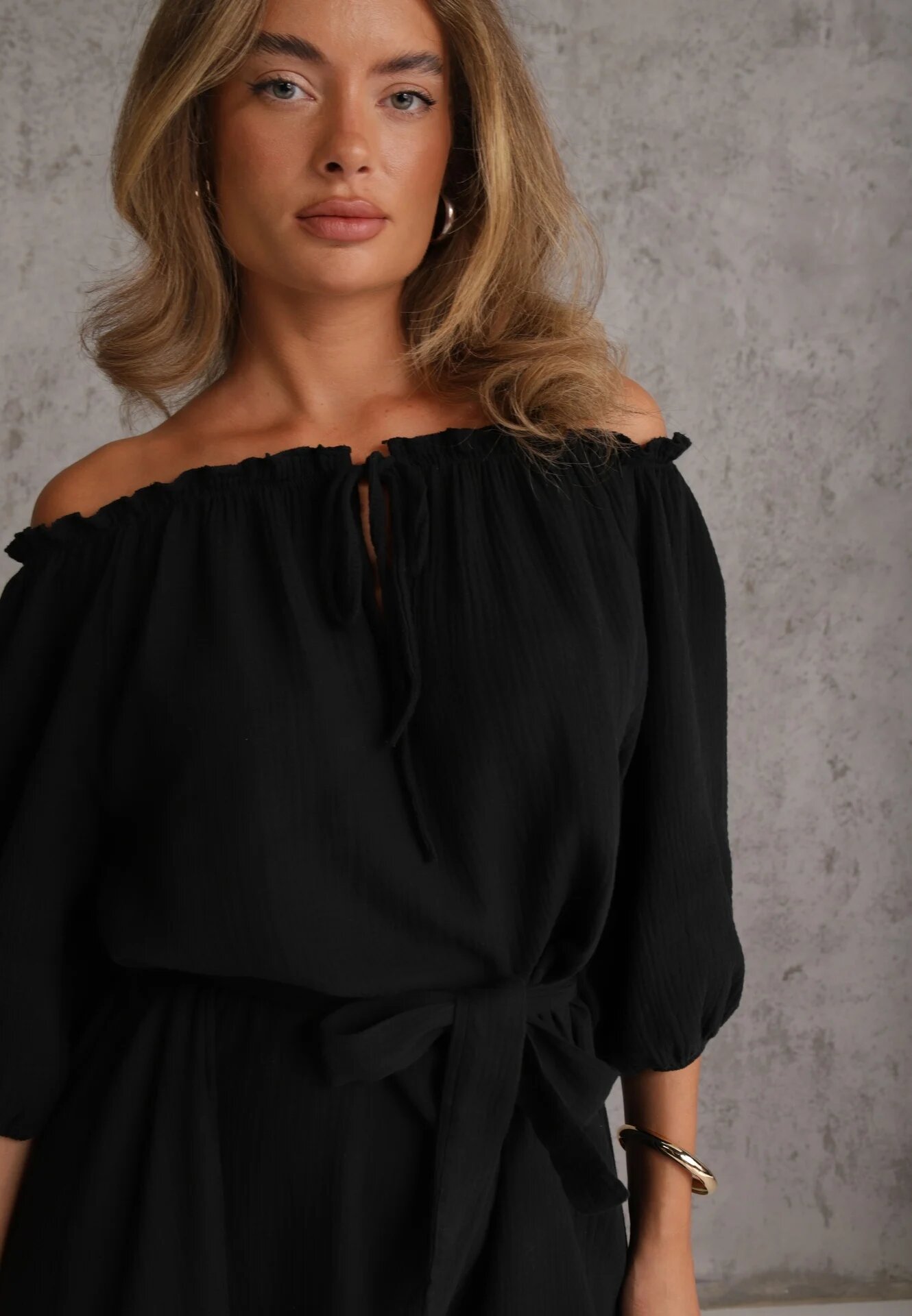 jumelle Rochie neagră de muselină de bumbac legată la decolteu cu curea și elastic în talie Tasda