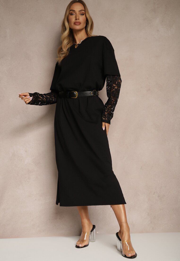 jumelle Rochie neagră din bumbac cu croială tip tricou cu dantelă și șlițuri Tanisla