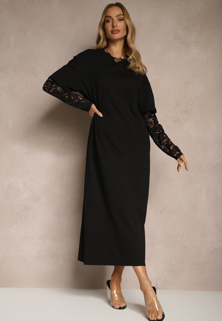 jumelle Rochie neagră din bumbac cu croială tip tricou cu dantelă și șlițuri Tanisla