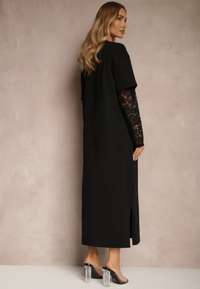 jumelle Rochie neagră din bumbac cu croială tip tricou cu dantelă și șlițuri Tanisla