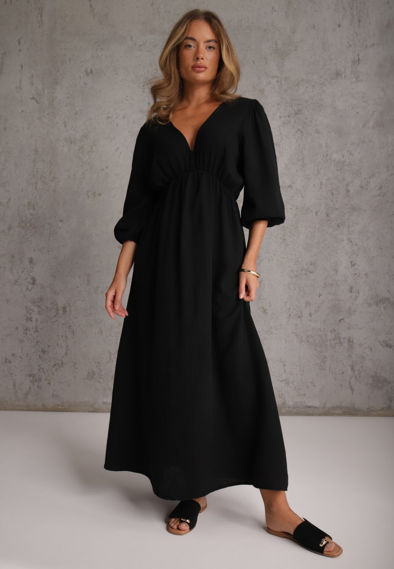 jumelle Rochie Neagră din Bumbac Decorată cu Legătură și Elastic în Talie Wlarina