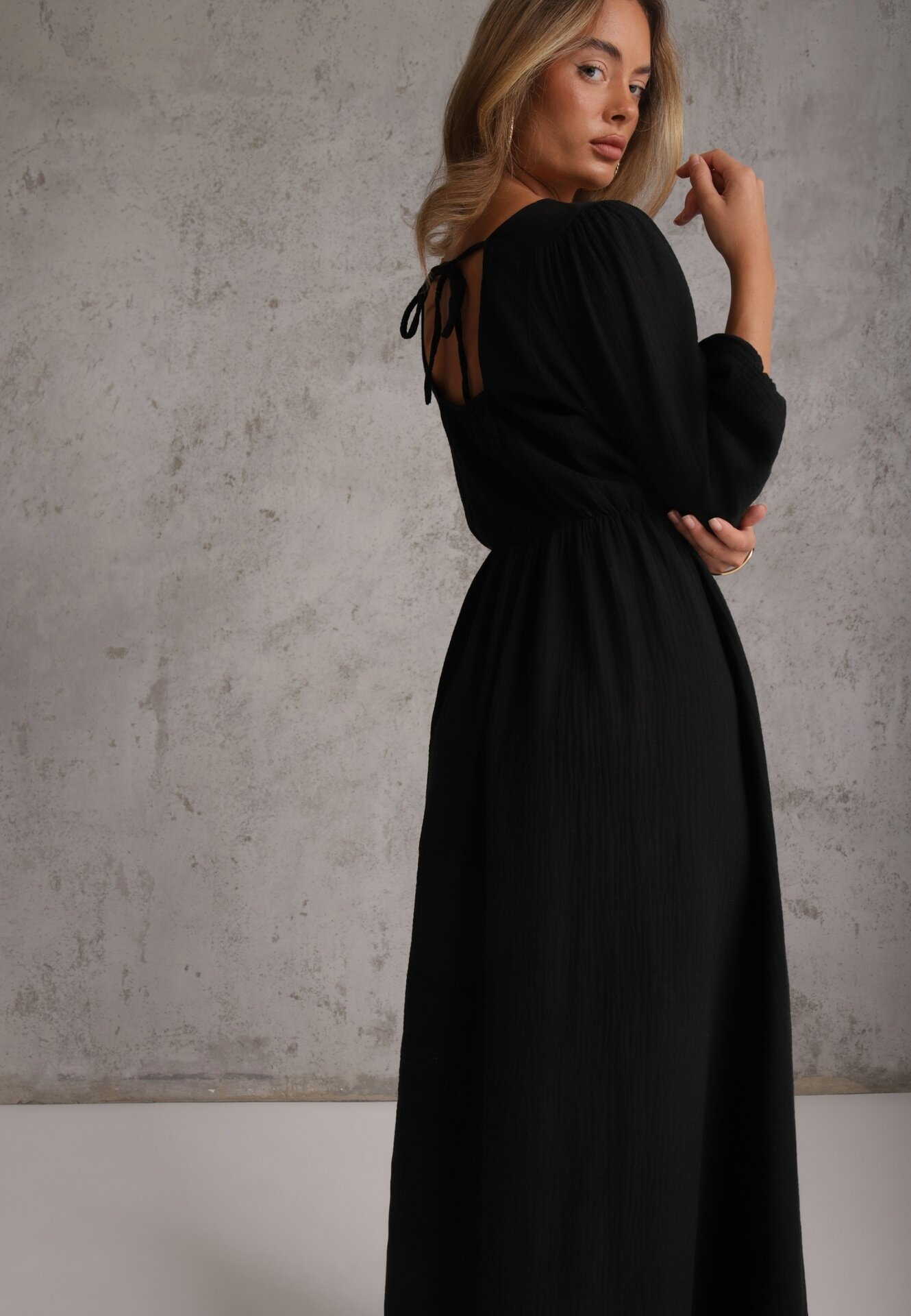 jumelle Rochie Neagră din Bumbac Decorată cu Legătură și Elastic în Talie Wlarina