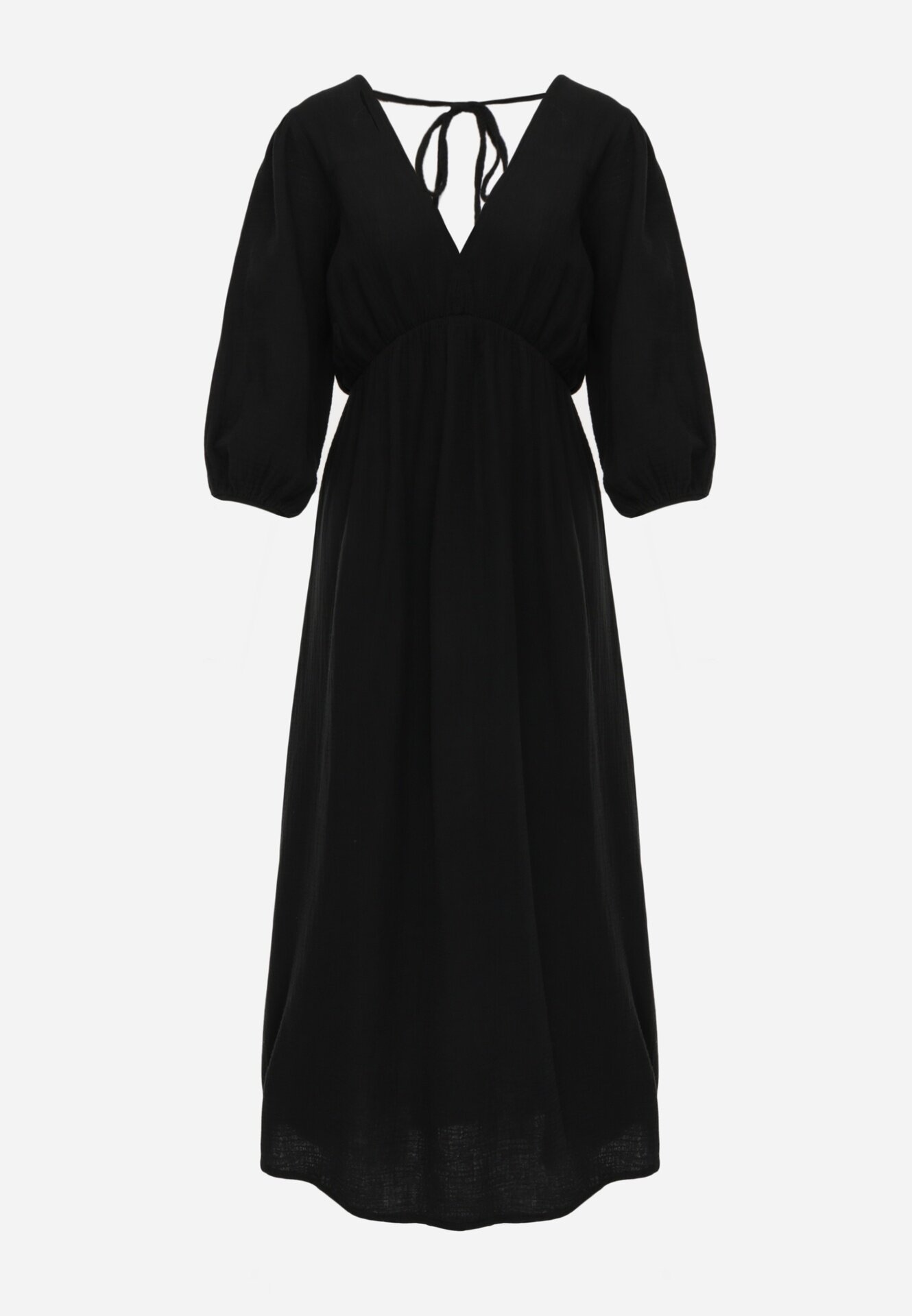 jumelle Rochie Neagră din Bumbac Decorată cu Legătură și Elastic în Talie Wlarina